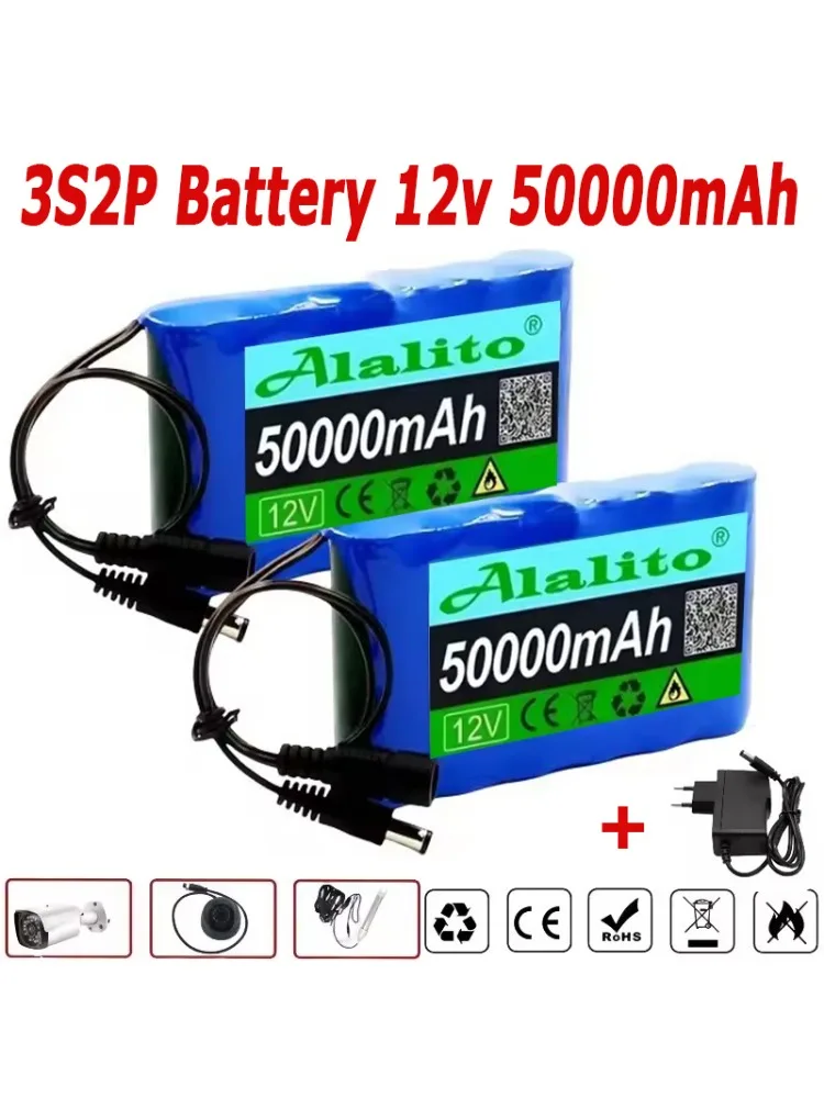 Nouveau Portable Super 12V 50000mAh 3s2p batterie Rechargeable Li-Ion batterie capacité DC 12.6v 50Ah CCTV caméra moniteur + chargeur