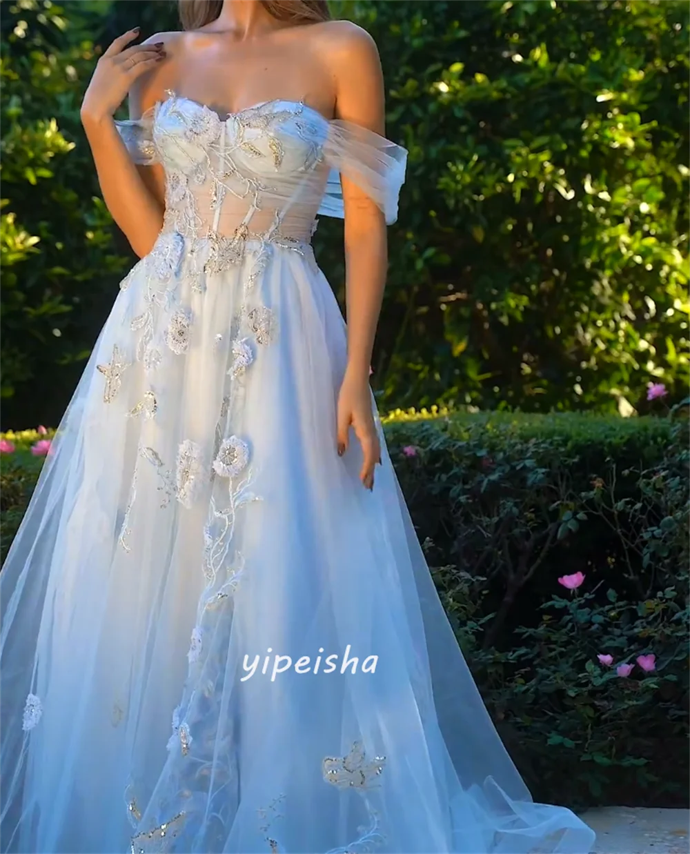 Vestido largo personalizado de tul con flores y lentejuelas, vestido de compromiso fruncido con cuentas y hombros descubiertos, vestidos largos para ocasiones a medida