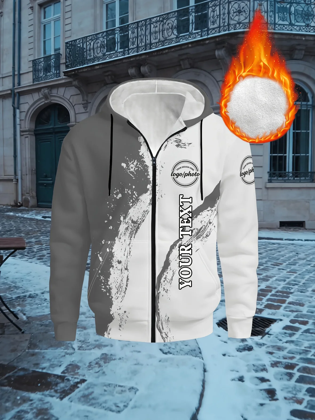 Warm Fleece Lined Splash Ink Zip Hoodie For Men Black White DIY Custom Logo Text Soft Polyester Loose Winter Outer Coat