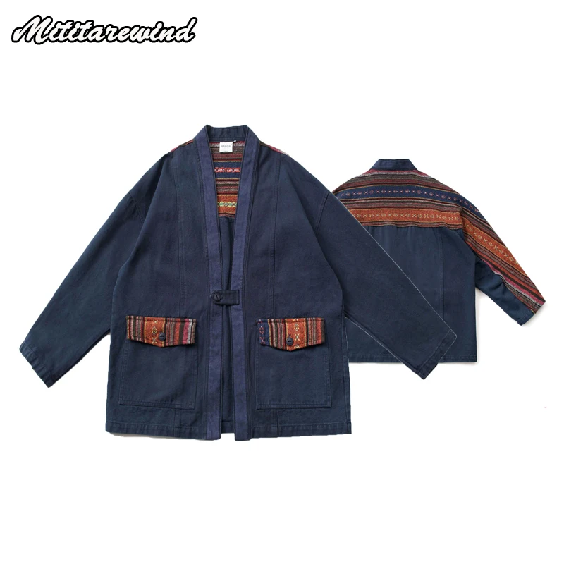 

Men's And Women's Work Jacket Cargo Retro Ethnic Style Patchwork Robe Coats Loose Distressed And Washed Youth Casual