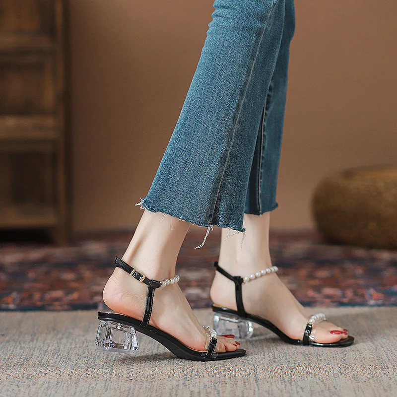 2024 Summer Fashion Casual Thick Heel Pearl Sandals Elegant Outdoor High-heeled Slippers Crystal Sandals, Sexy Party Shoes