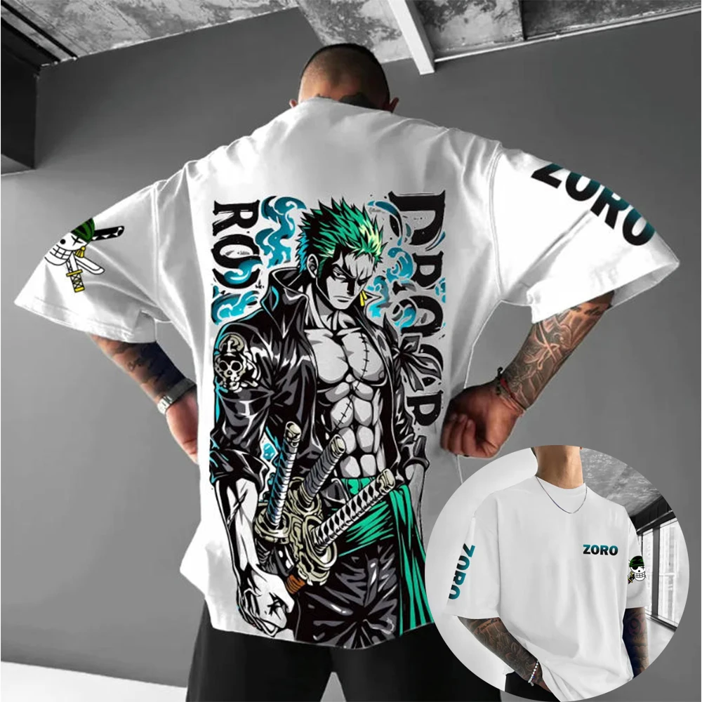 Summer New One Piece Roronoa Zoro Pure Cotton Casual Fashion T-shirt Men's Oversized Breathable Speed Drying Sports Fitness Top