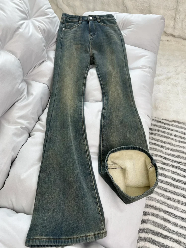 

Retro Blue Fleece Lined Thickened Bell Bottom Jeans Women's Autumn Winter plus Size Flattering High Waist Concealing Slimming...