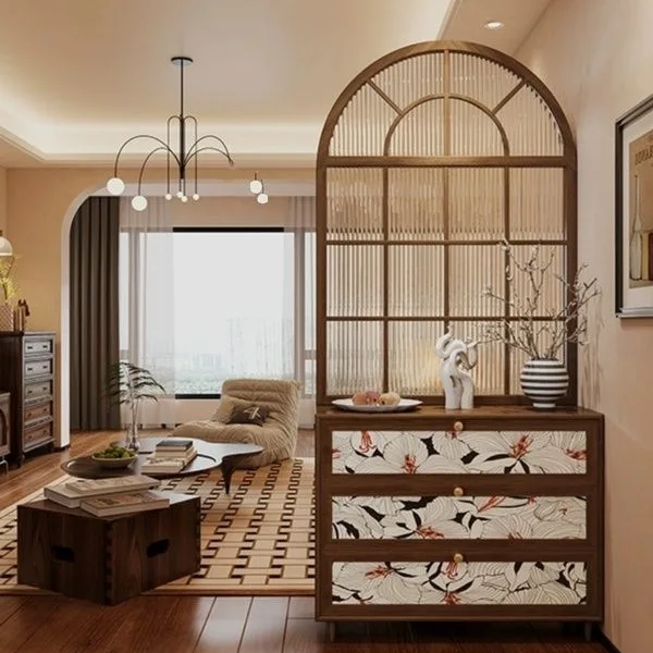 French retro Changhong glass solid wood screen entrance door shoe cabinet partition