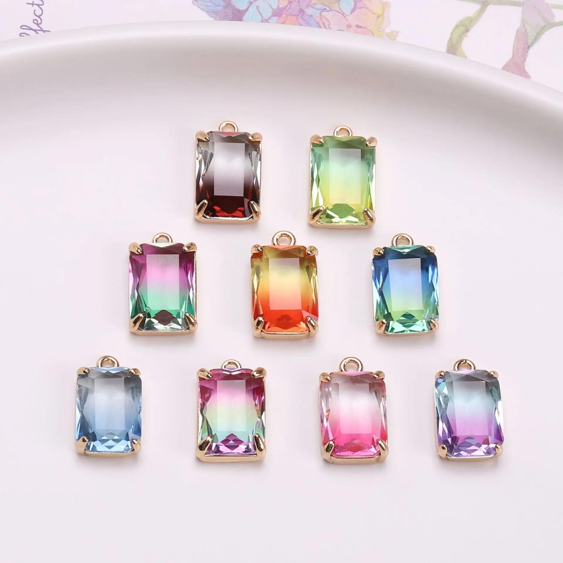 

10pcs Rectangle gradient color illusion crystal pendant tourmaline gemstone pendant necklace earrings DIY jewelry accessories