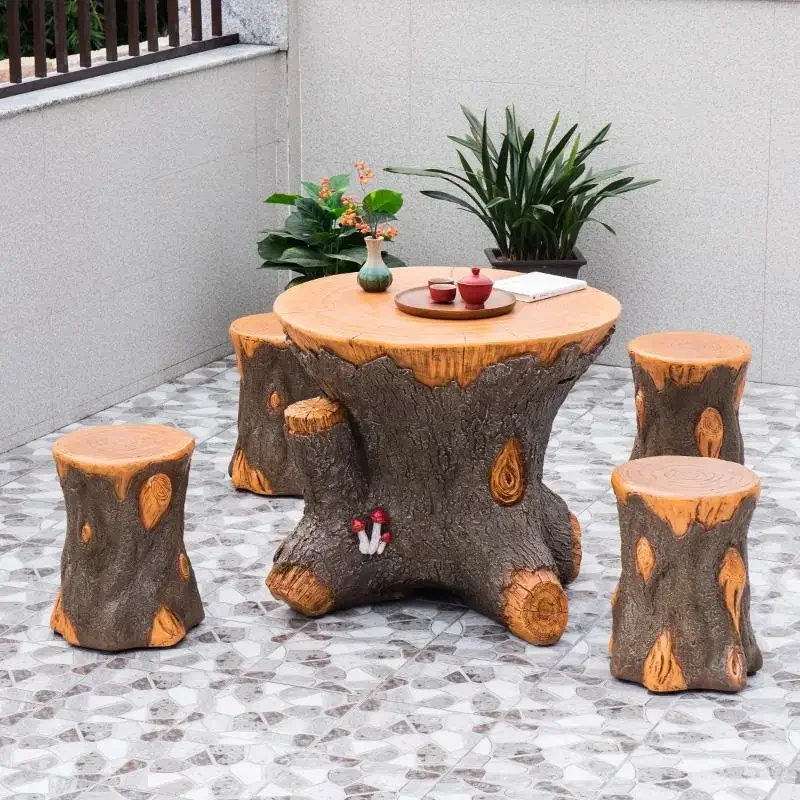 Outdoor courtyard table and stool balcony garden home table and chair imitation tree stump root carving round coffee table