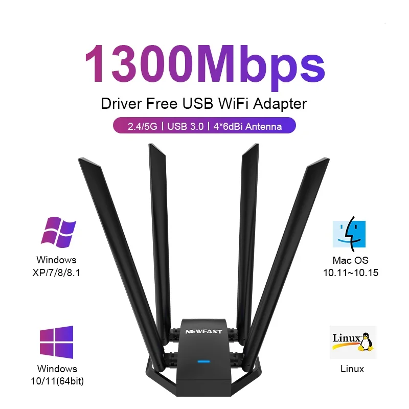 

1300 Мбит/с Wi-Fi-адаптер свободного привода, двухдиапазонная сетевая карта Micro USB3.0, приемник беспроводной карты для Windows XP/7/8/8,1/10/11