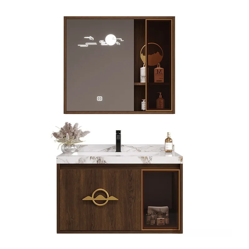 New Chinese bathroom cabinet combination rock slab ceramic seamless integrated basin toilet hand washbasin cabinet washstand set