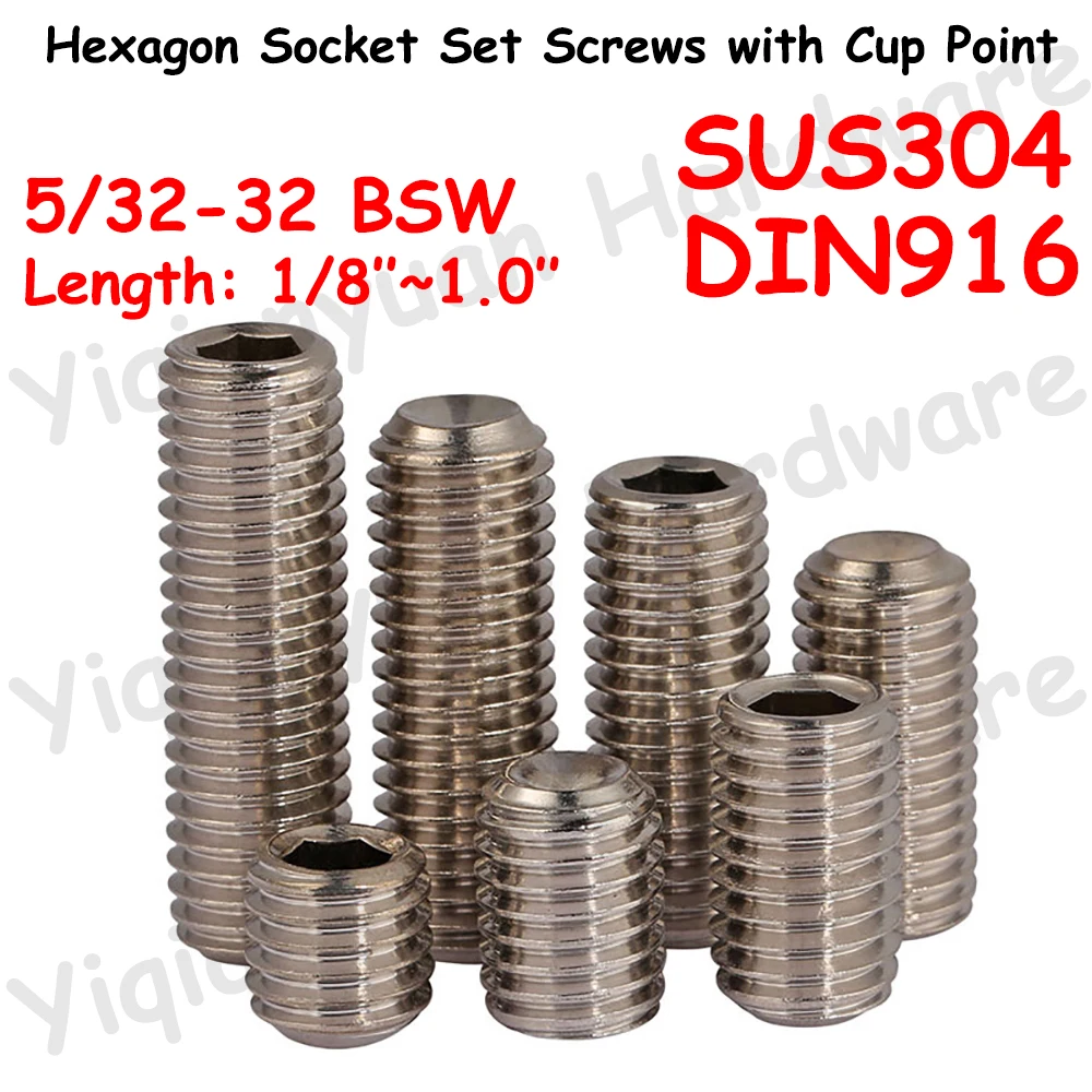 

Yiqianyuan 5/32-32 BSW Thread DIN916 SUS304 Stainless Steel Hexagon Socket Set Screws with Cup Point Headless Allen Grub Bolts