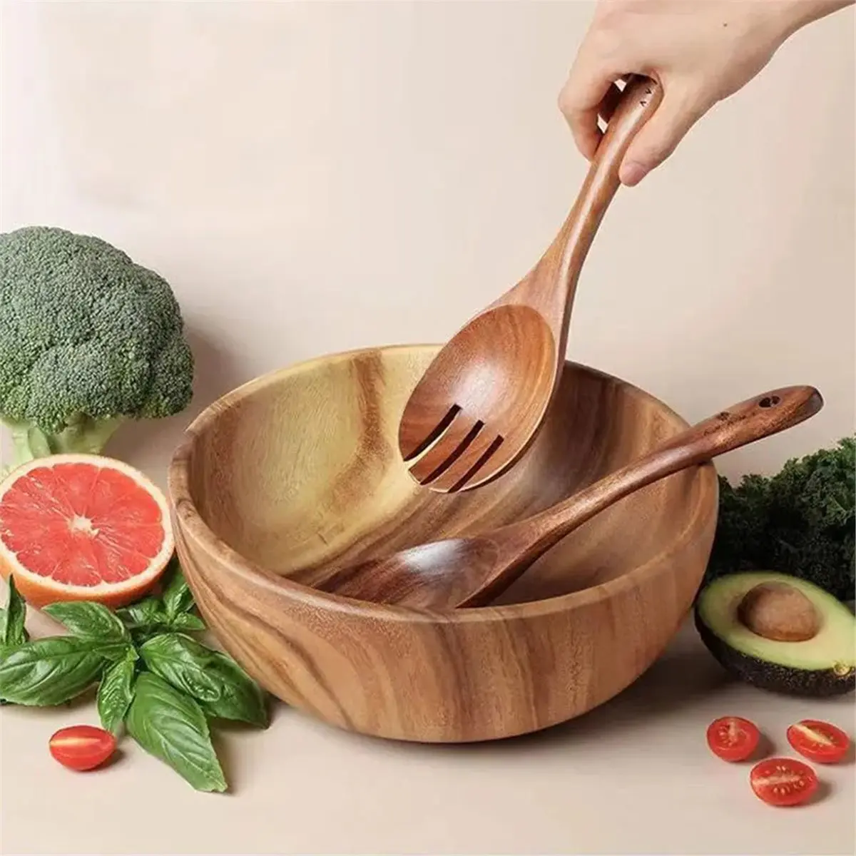 2Set Wooden Large Spoon Fork Cutlery Set Japanese Style Long Handle Serving Salad Scoop Dinnerware Set Kitchen Utensil