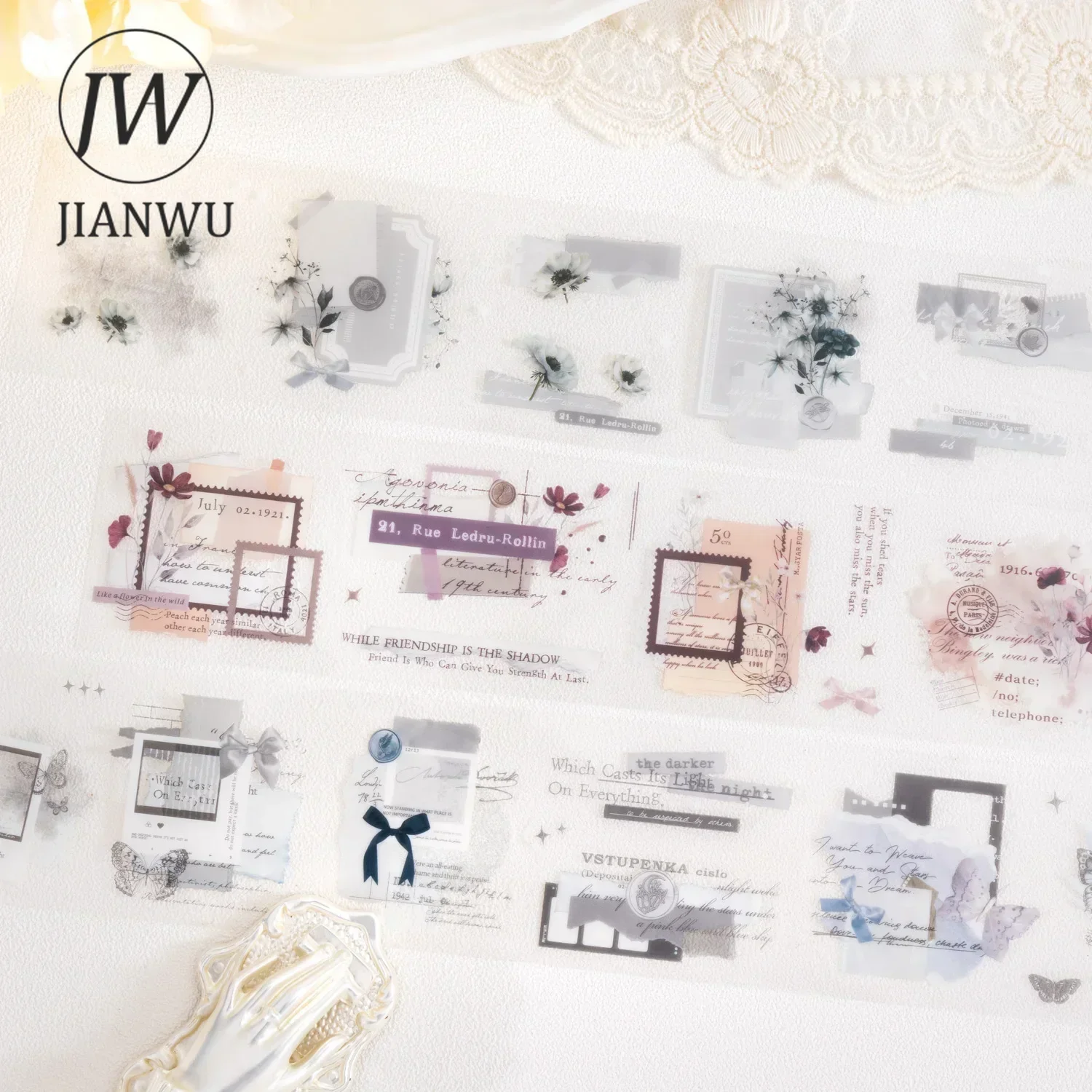 JIANWU 50mm*200cm Collage Into Poems Series Vintage Flower Label Material Collage PET Tape Creative DIY Journal Stationery