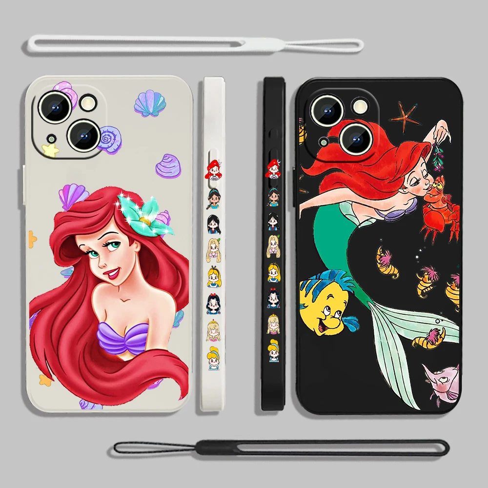 

Mermaid Disney Princess Liquid Left Rope For Apple iPhone 15 14 13 12 11 XS XR X 8 7 SE Pro Max Plus Mini TPU Phone Case