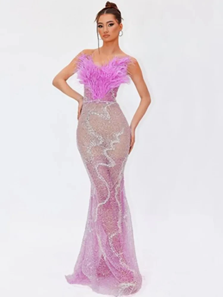 2024 Women Sexy Strapless Feather Sequins Pink Pearl Beading Maxi Long Women Celebrity Dress Evening Stage Performance Dress