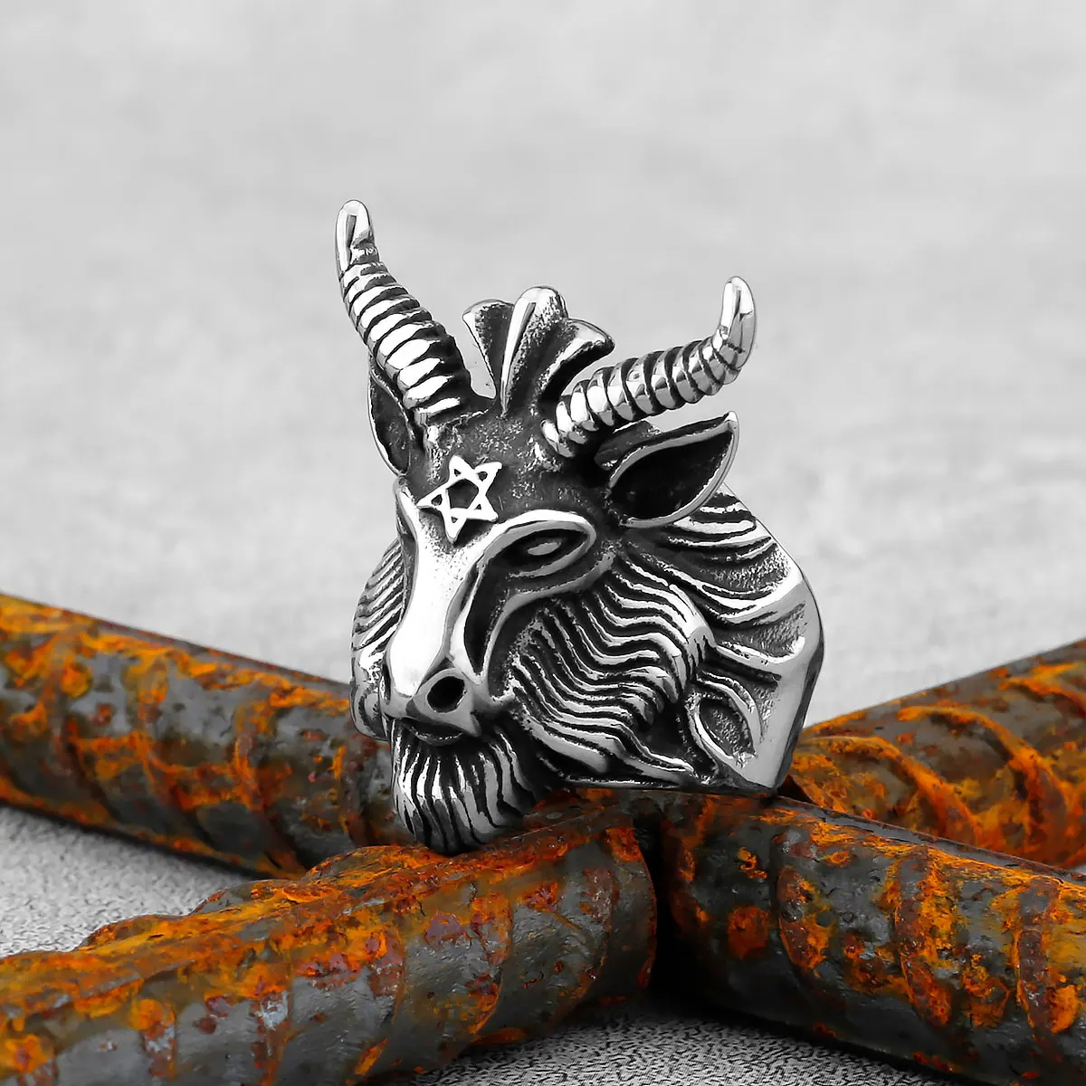 Vintage Satan Sign Pentagram Goat Head Ring Punk Gothic Style High Quality Metal Satan Goat Ring Charm Men\'s Punk Biker Jewelry