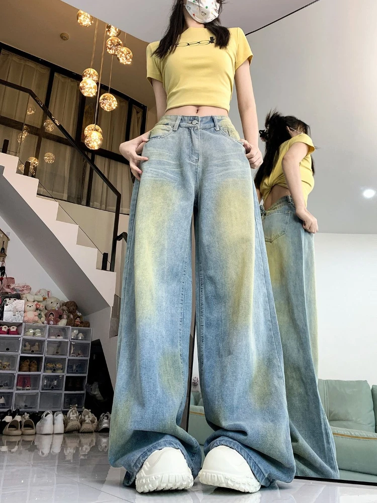 

Women's Vintage High Waist Straight Jeans American Style Loose Wide Leg Pants Khaki Spring Autumn Floor Length Denim Trousers