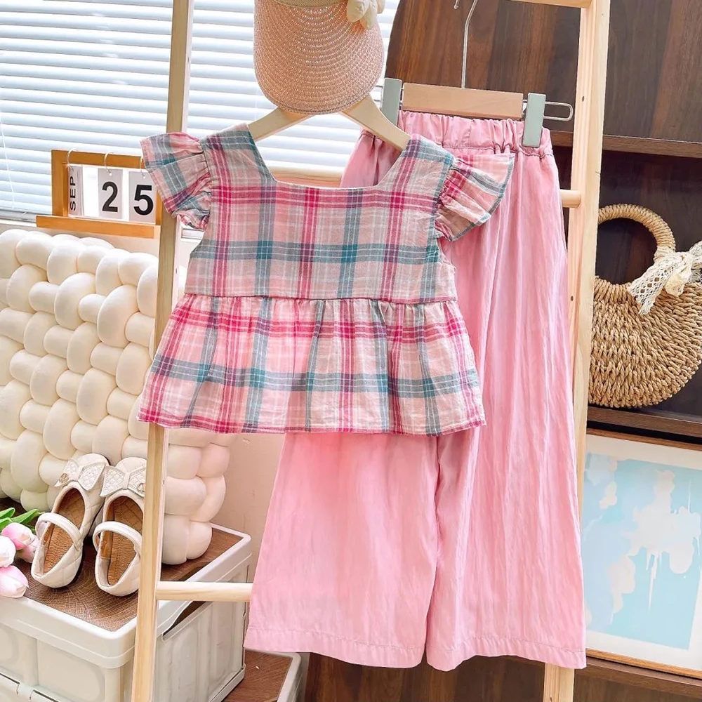 Bear Leader Summer Girl Pink Checkered Short Sleeved Top+solid Wide Leg Pants Two-piece Set for Children\'s Casual Clothing