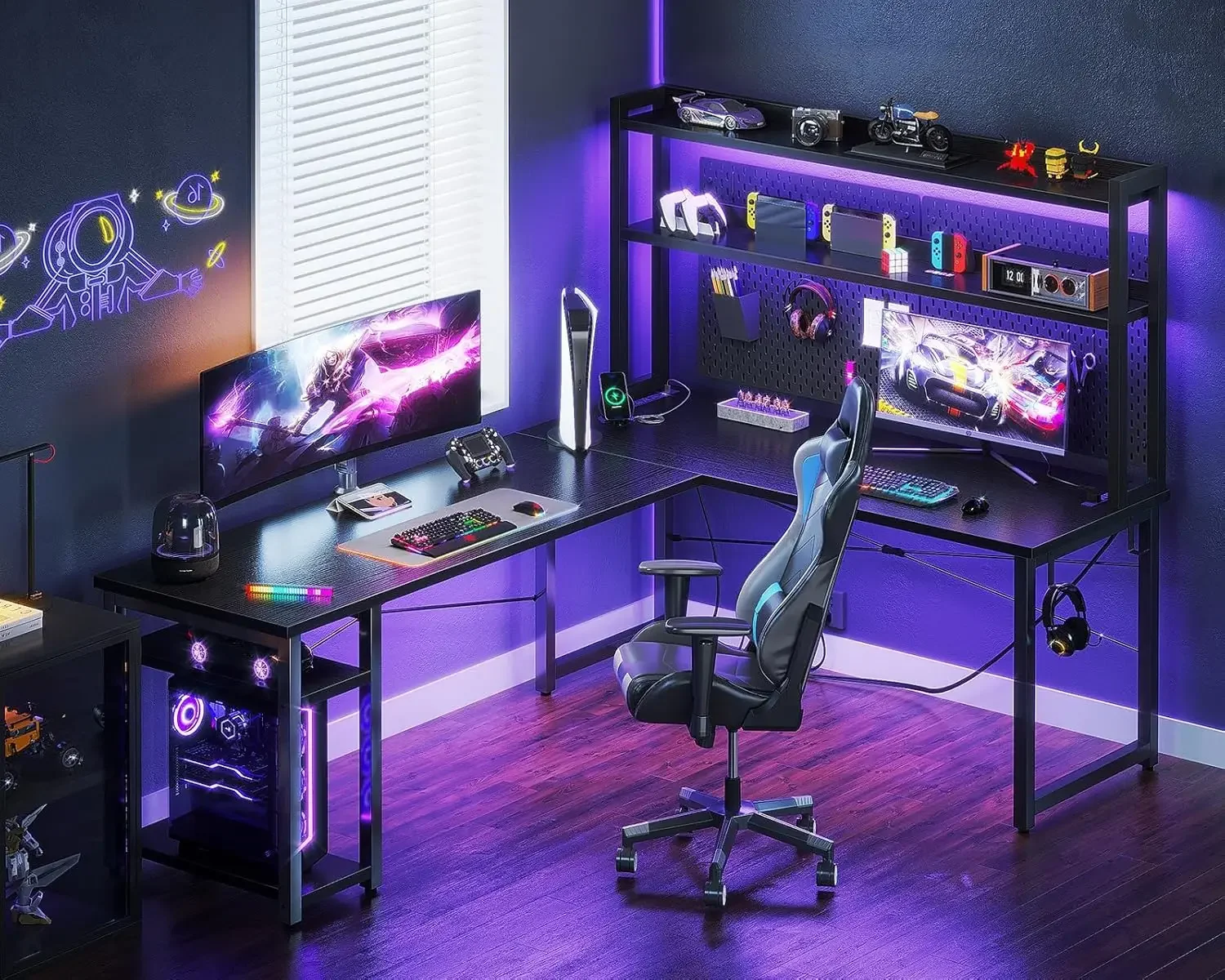 L Shaped Gaming Desk with Hutch & 2 Power Outlets & 2 LED Strips & Monitor Stand, 66