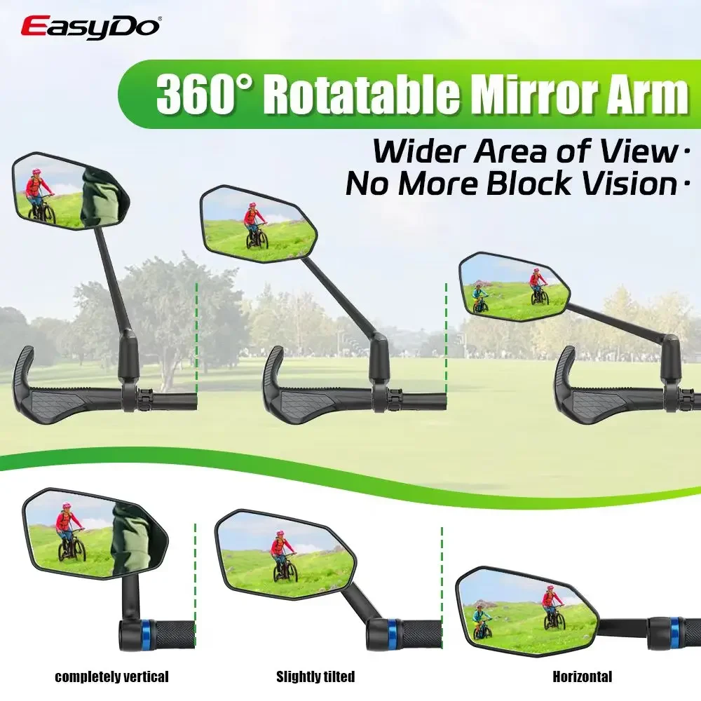 Easydo ampla gama liga braço mountain bike espelho retrovisor estender para fora anti-reflexo ebike guiador espelho retrovisor