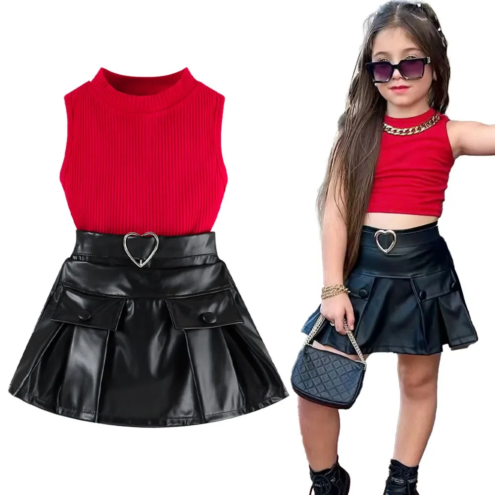

Summer Girl Clothes Set Girl Suits Crop Top Tank and PU Leather Skirt with Pockets Baby Toddler Clothing Kids Children Outfit
