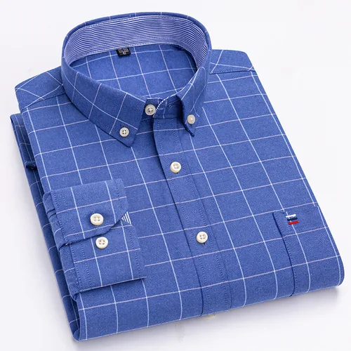 Camisa a cuadros con botones de manga larga 100% algodón para hombre, camisas Oxford a rayas a cuadros con un solo bolsillo en el pecho para trabajo, informales, de ajuste estándar