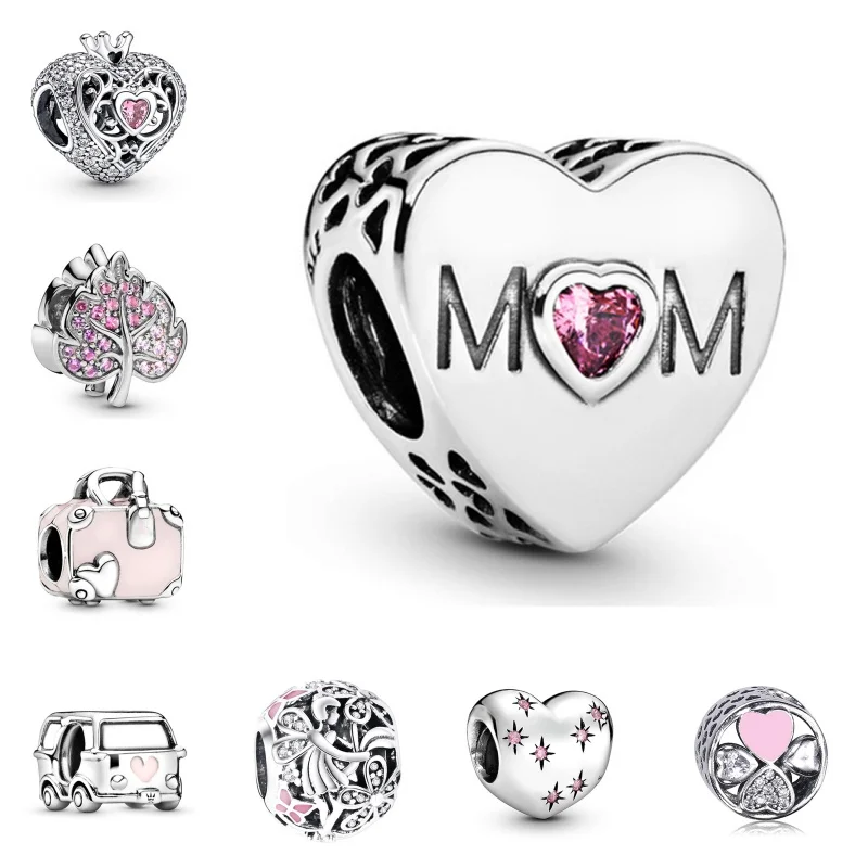 ใหม่ชุดสีชมพูหัวใจเสน่ห์ลูกปัดสำหรับ Pandora กำไลพวงกุญแจสร้อยคอ DIY kado untuk Ibu เครื่องประดับวันแม่