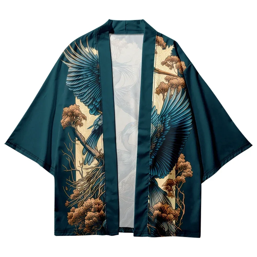 Japanese Crane Pattern Casual Kimono Summer Beach Shirt Cardigan Haori 2024 Traditional Yukata Oversized Top for Men and Women