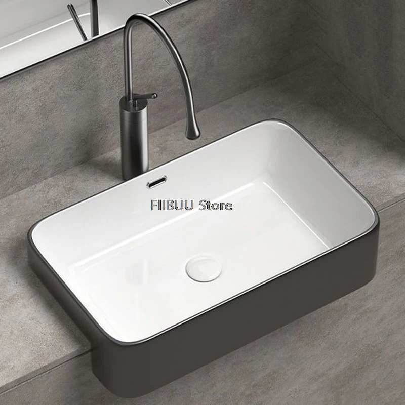 

Ceramic Bathroom Vessel Sinks Semi-embedded Single Sink Bowl Lavatory Wash Hand Basin White Gray Pattern Household Wash Basins