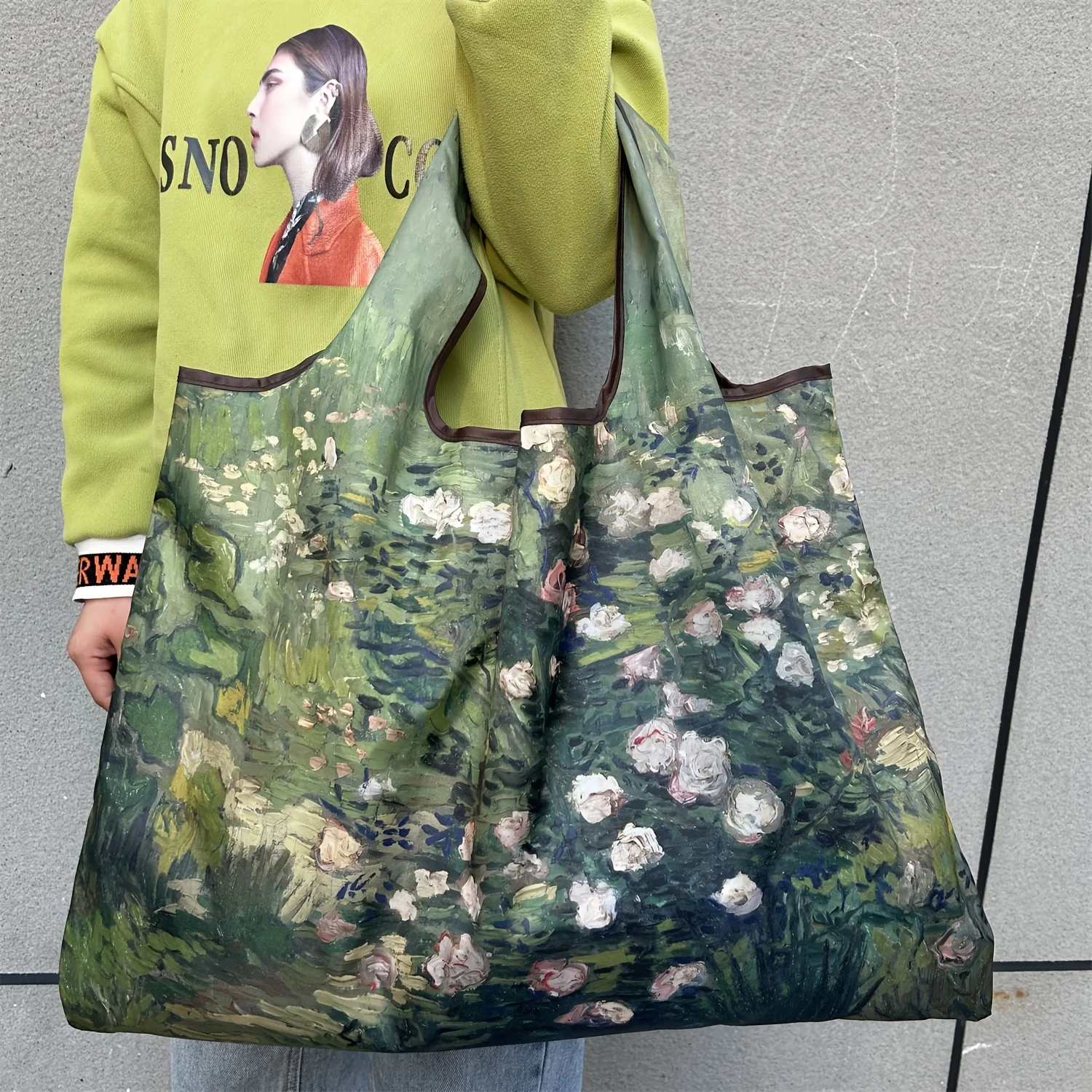 Rose Oil Painting Fashion Bag Foldable Shopping Bag Reusable Grocery Storage Bag Nylon Portable Shoulder Handbag Travel Tote Bag