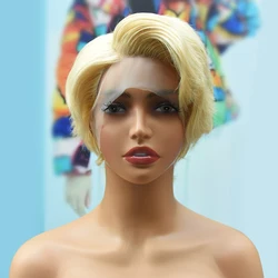 613# Blonde Short Pixie Cut Wigs Lace Pixie Cut Human Hair Wigs Peruvian Remy Blonde Straight Human Hair Wigs For Woman HairUGo