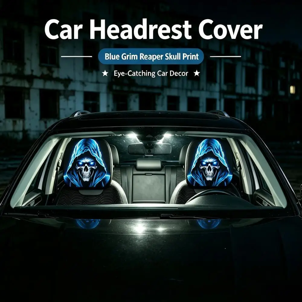 2Pcs (1Left+1Right) Blue Skull Shaped Car Headrest Covers with Blue Grim Reaper Pattern, 2D Printed, Halloween Decorations