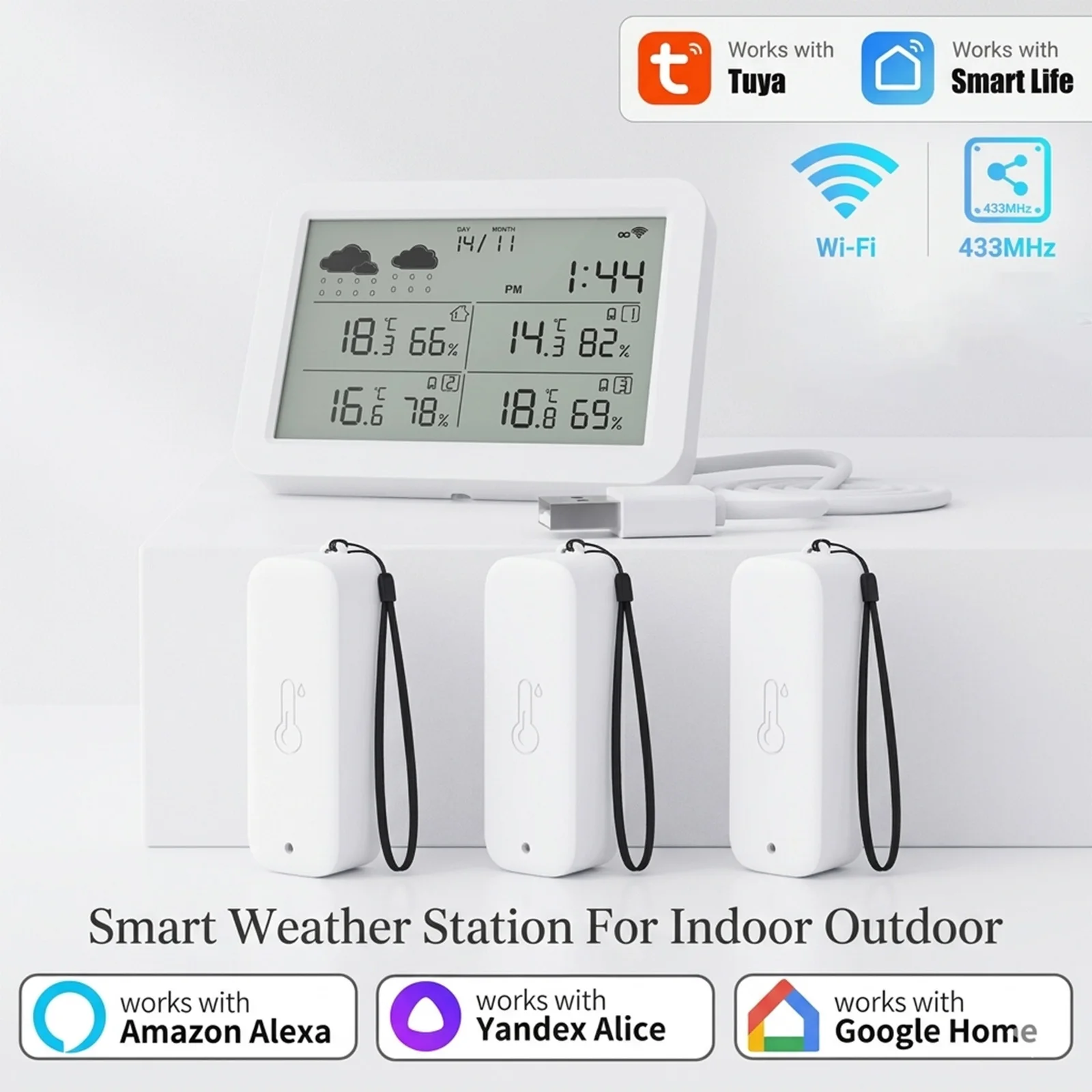 Tuya WiFi+RF433 Weather Station, Smart Home Indoor Outdoor, Temperature Humidity Sensor with Clock, IP65 Waterproof
