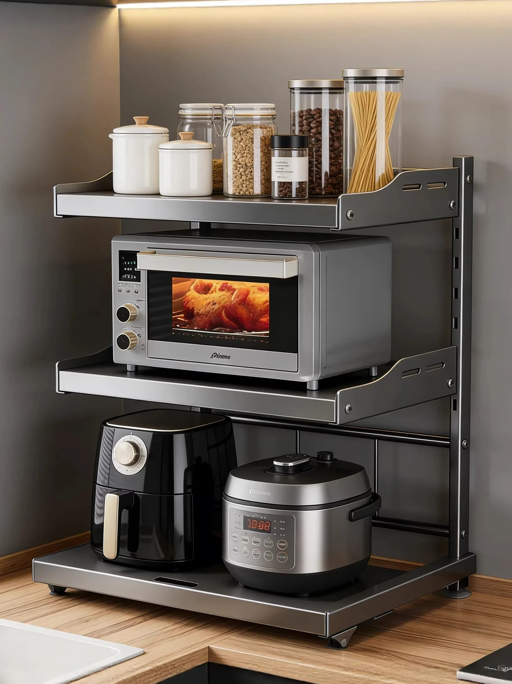 

Многоуровневая выдвижная полка для кухни, органайзер для микроволновой печи и рисоварки, 2-уровневая, для домашнего использования