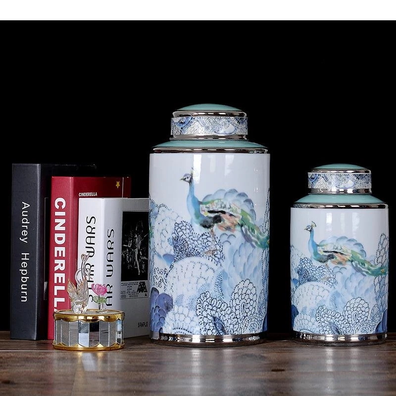 Peacock Painted Enamel Porcelain Storage Jars and Lids Dresser Table Ceramic Jewelry Jar Cosmetic Containers Modern Home Decor