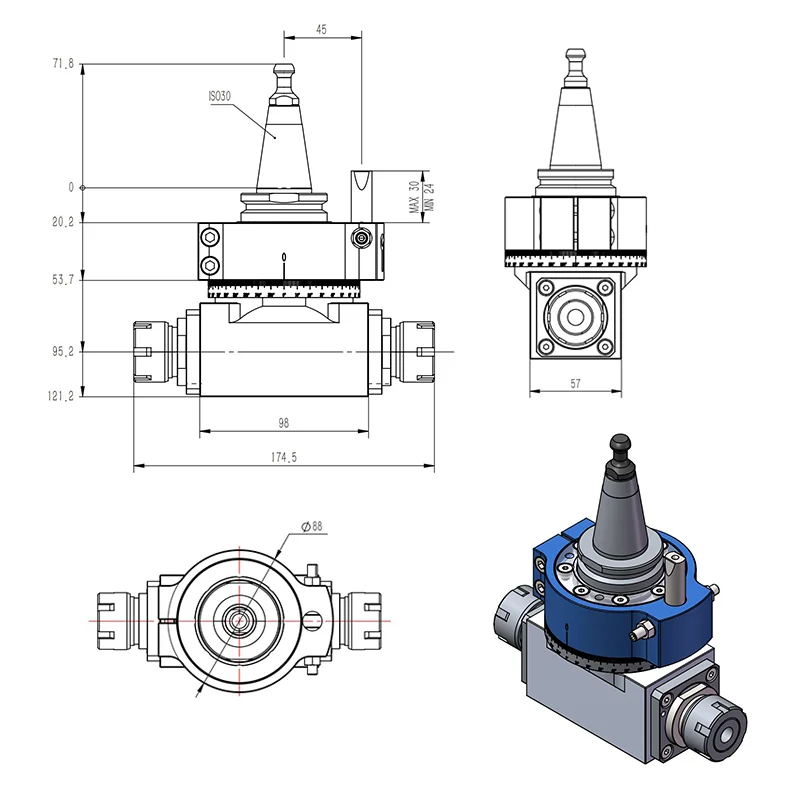 Kop voor HQD-hoekfreeskop geïnstalleerd op 9 kW/12 kW spindel ISO30 / HSK63F gereedschapswisselaar kan worden gebruikt voor nc-werktuigmachines