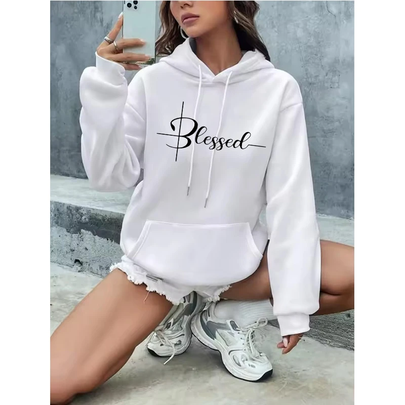 Sudadera con Capucha Estilo Y2k con Estampado de la Letra "Blessed": Ropa Casual de Manga Larga para Mujer, Sudadera Harajuku con Bolsillo Tipo Canguro