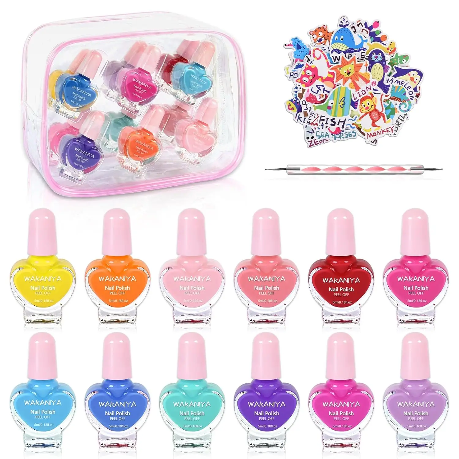Kids Nail Polish Set with 12 Colors, Glitter Stickers, and Storage Bag - Non-Toxic, Quick-Dry, Peel-Off Safe