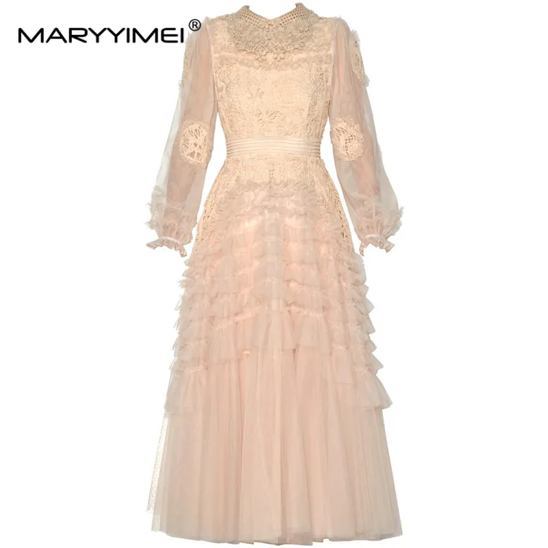 MARYYIMEI Spring and Summer Women's Ball Gown Dress Lantern Sleeved Mesh Edible Tree Fungus Edge Hollow Out party evening Dress