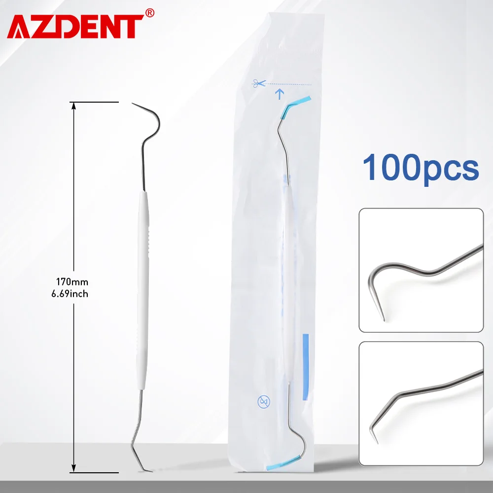 

AZDENT 100pcs Dental Explorer Probe Double Head Stainless Steel Teeth Clean Hygiene Probe Hook Pick Dental Disposable Instrument