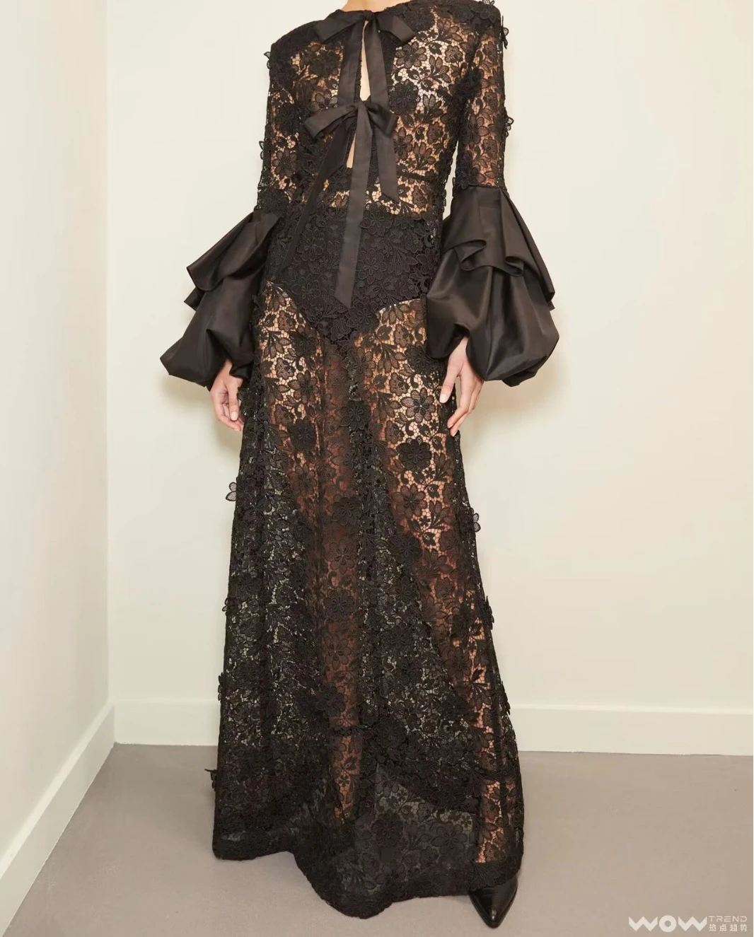 

2025 early spring new hollow lace bow black ruffled midi dress female slim-GZDL104