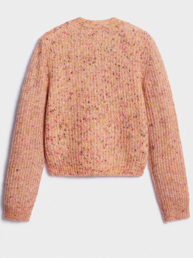 Damen Kurz-Strickjacke mit Sprenkelmuster, Rundhalsausschnitt, Metallknöpfen vorne, Langen Ärmeln, Schmaler Passform, Lässige Damen-Oberbekleidung – Detail 2