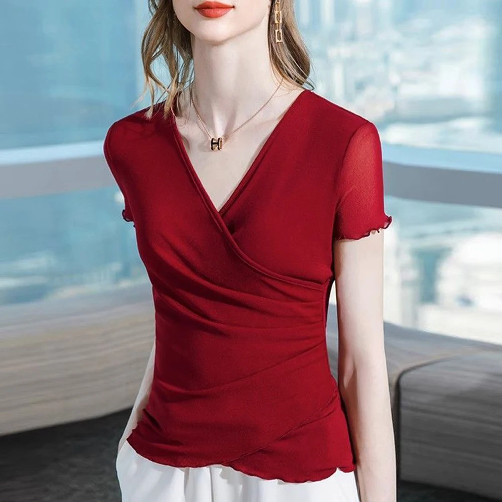

Transparent Women Edible Tree Fungus T Shirt Y2K Slim Stretch Short Sleeve V-Neck Tees Top Office Lady Elastic Mesh T Shirts