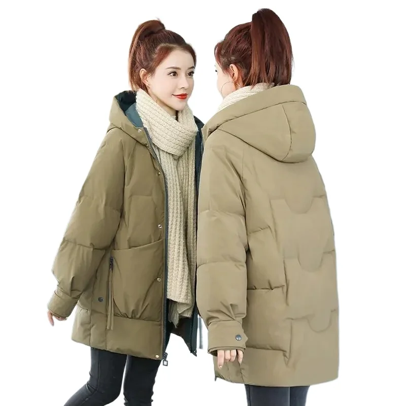 Down cotton Jacket Women's Medium length 2026 Winter New Korean version Loose Thicken Hooded Coat Female Warm Parker Overcoat