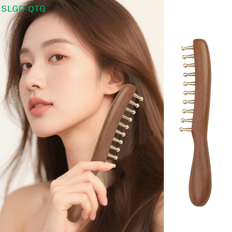 

NEW 10-Teeth Copper & Wood Massager Comb For Head Meridian Therapy And Relaxation Golden Sandalwood Scraping Guasha Long Handle