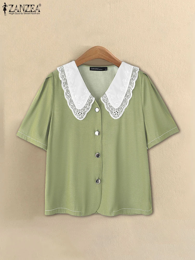 

ZANZEA Women Shirts Lace Patchwork Tops Female Short Sleeve Solid ColorTunic Casual Peter pan Collar Blusas Summer Blouse