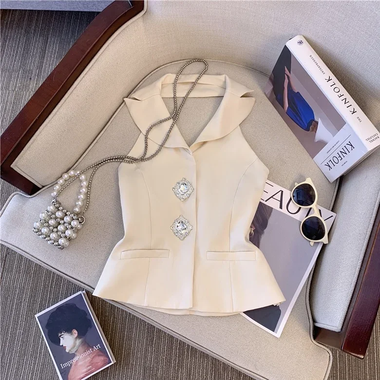Pop French Elegant Vintage Sleeveless Backless Vest For Women Vintage Slim Fit Blazer Top With Sparkly Rhinestone Buttons Chic L