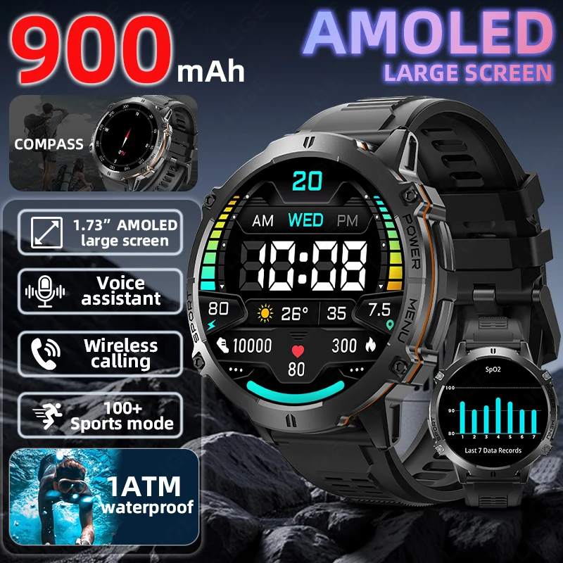 LIGE Men's Smart Watch Outdoor Sports Watches Health Monitoring Altitude Barometer Compass Bluetooth Call Waterproof Smartwatch