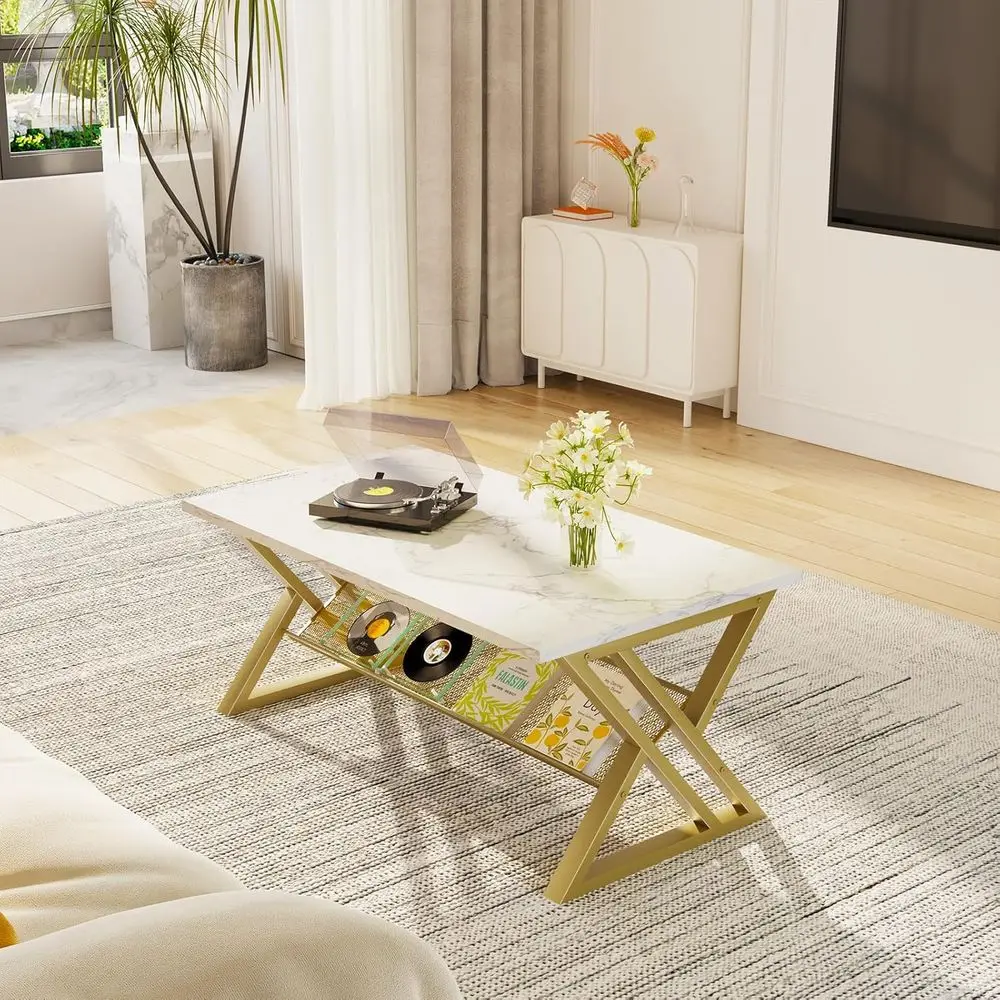 Modern Rectangular Faux Marble Coffee Table with Storage Shelf and Gold Metal Frame for Living Room and Home Office