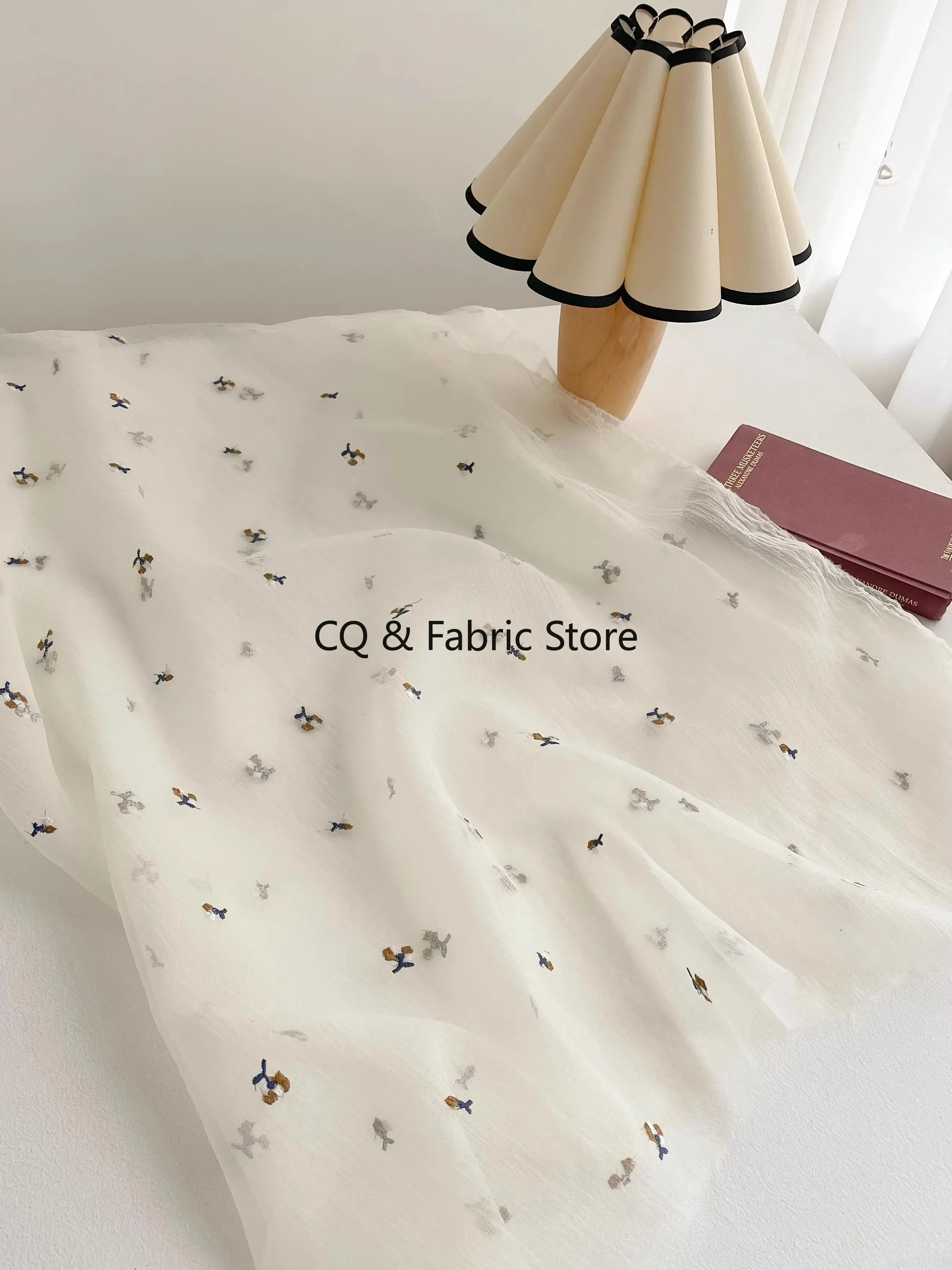 Beige Small Floral Embroidery Pleated Tulle Fabric Fluffy Skirt Dress Girl Dress Clothing Fabric By The Meter