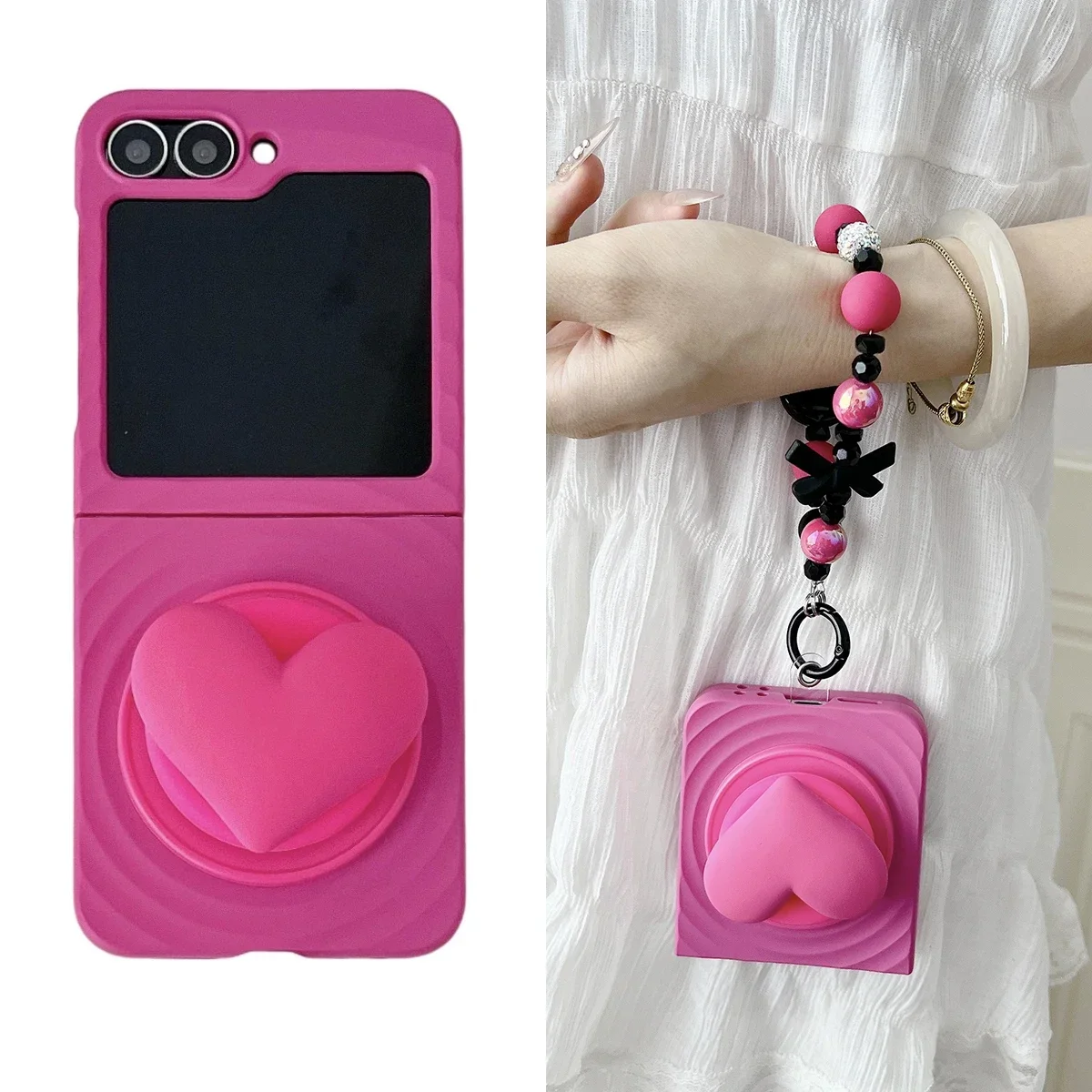 

Luxury Fashion Korean ins Rose Red 3D Love Heart Phone Case For Samsung Galaxy ZFlip7 ZFlip6 ZFlip5 Cover With Bracelet Funda