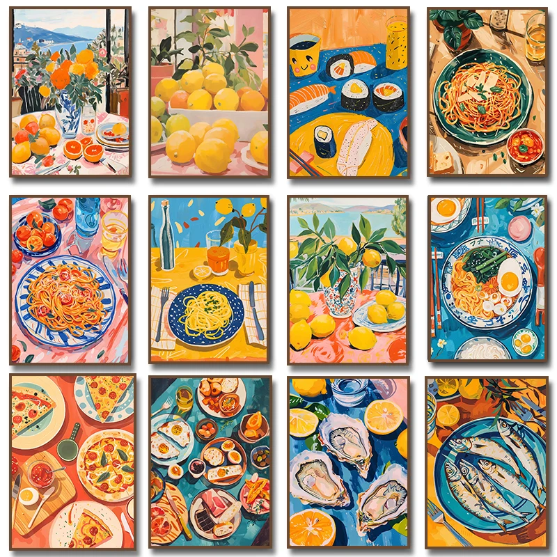 1PC--Colorful Oysters Seafood Lemons Pizza Sushi Ramen Pancakes Poster  Canvas Painting Print Kitchen Wall Art Home Decor Cua
